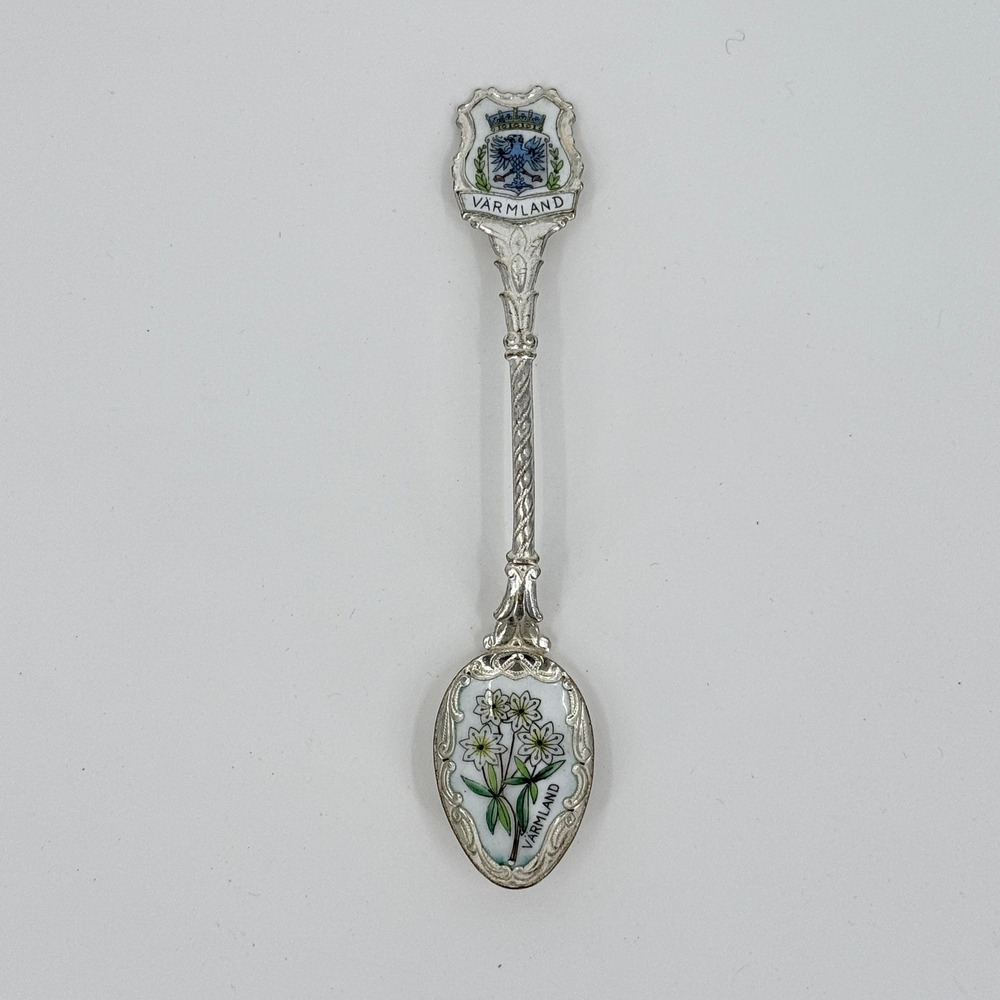 Vintage Värmland Sweden Enamel Souvenir Spoon Floral Coat of Arms Silver Tone